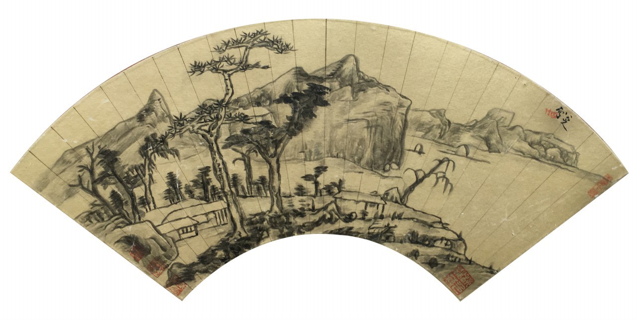 八大山人  村居图扇面