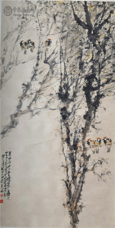 赵少昂《麻雀图》  143x76.5cm