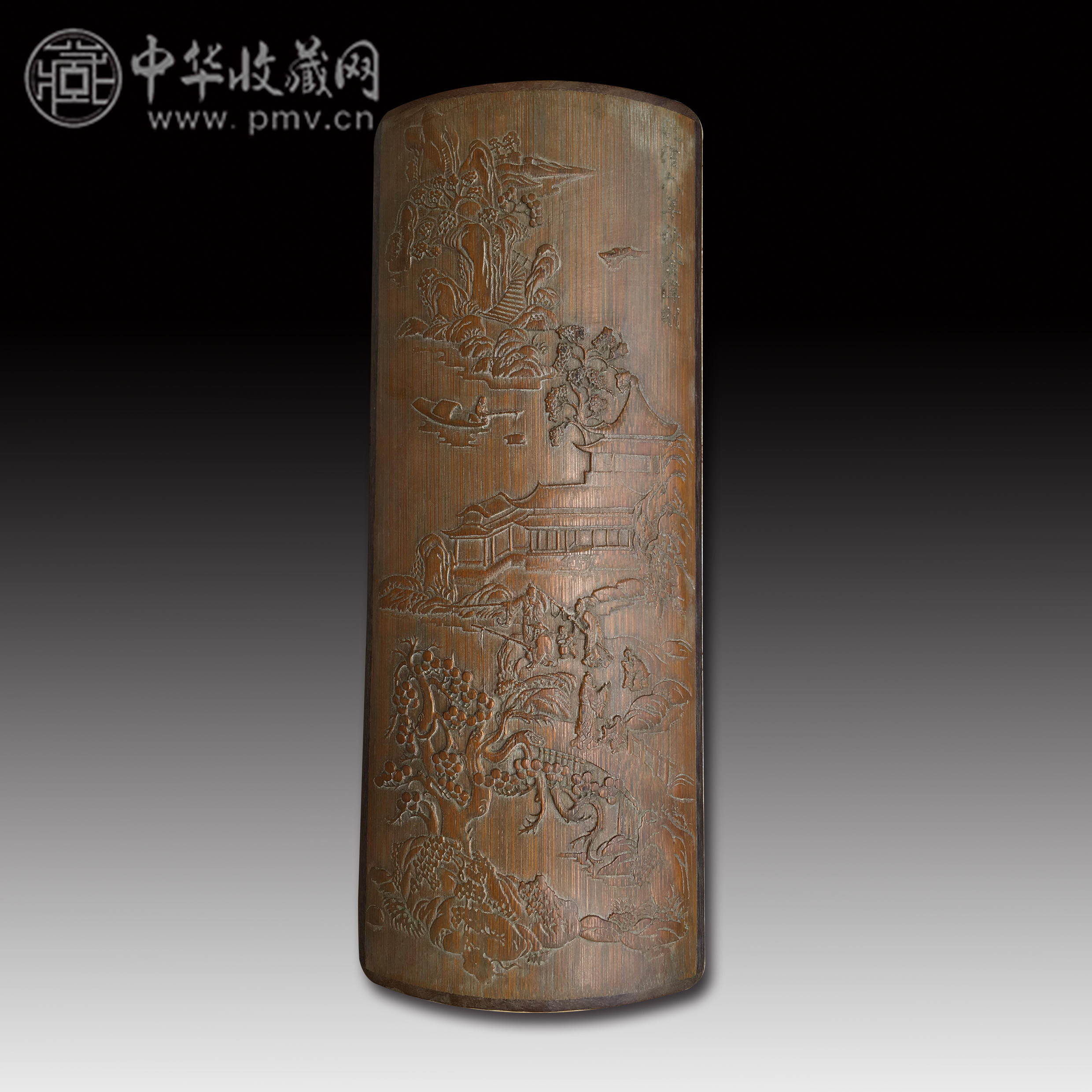 (清乾隆)  金伟刻竹雕山水紋笔搁  27.5X11CM