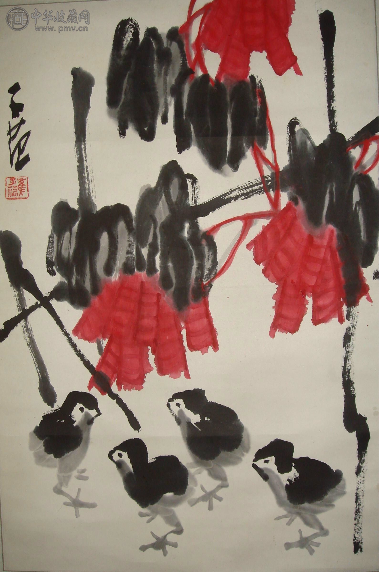  崔子范  《花卉小鸡》 68x46cm